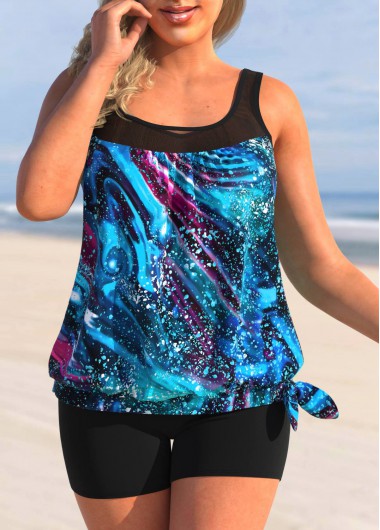 Starry Night Print Plus Size Tie Side Tankini Top