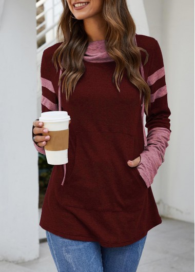 Kangaroo Pocket Wine Red Hooded Collar T Shirt