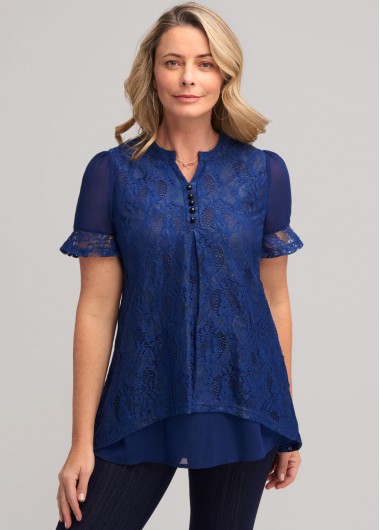 Lace Stitching Navy Blue Split Neck T Shirt