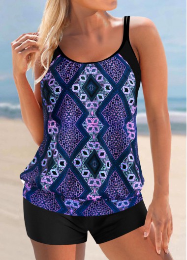Purplish Blue Wide Strap Tribal Print Tankini Top