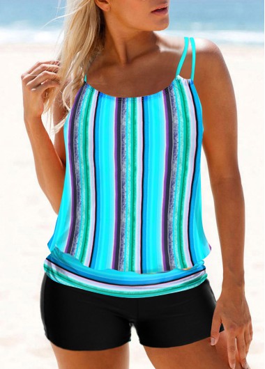 Striped Double Straps Blue Tankini Top