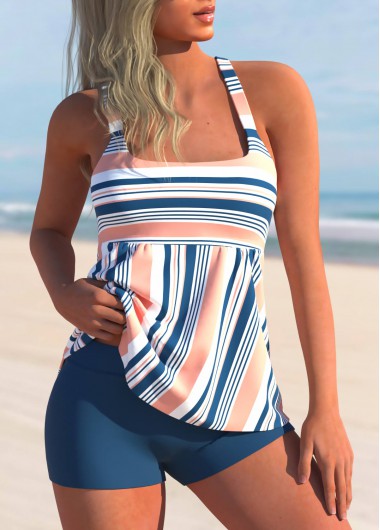 Striped Multi Color Wide Strap Tankini Set