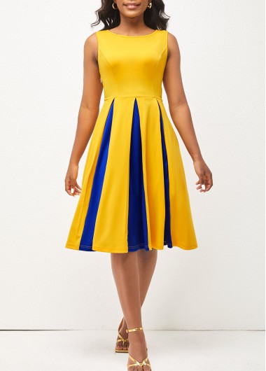 Round Neck Sleeveless Yellow Contrast Dress