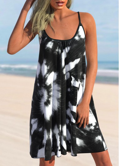 Tie Dye Print Spaghetti Strap Black Cover Up