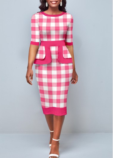 Pink Plaid Round Neck Bodycon Dress