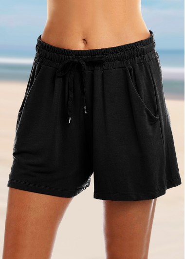 ROTITA Black Mid Waist Drawstring Detail Loose Shorts