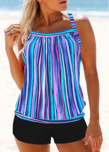 Rainbow Stripe Cross Strap Blue Tankini Top