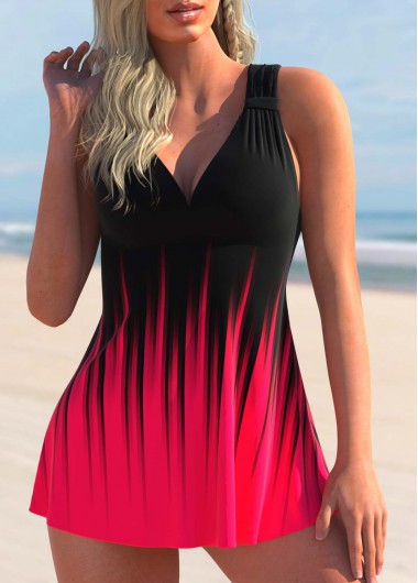 Rose Red Ombre Print Wide Strap Swimdress Top