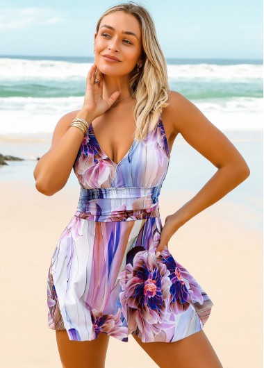 Multi Color Floral Print Cross Strap Swimdress Top