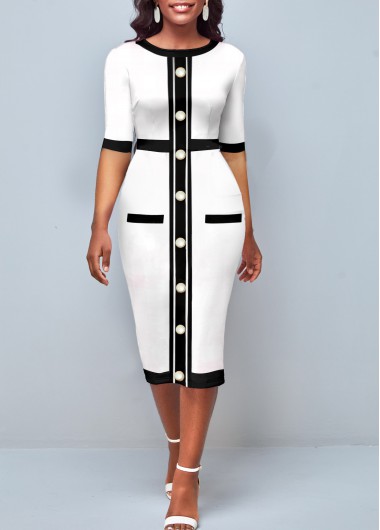 Contrast Stitch Half Sleeve White Dress