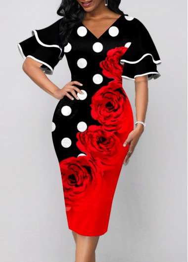 Polka Dot Layered Bell Sleeve Color Block Dress