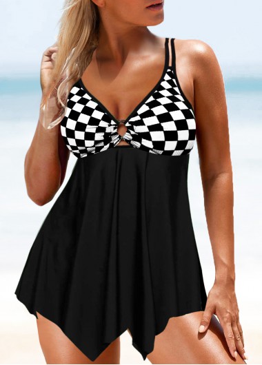 Checkered Print Asymmetric Hem Black Swimdress Top