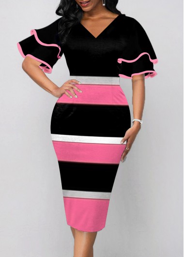 Color Block Layered Bell Sleeve V Neck Dress
