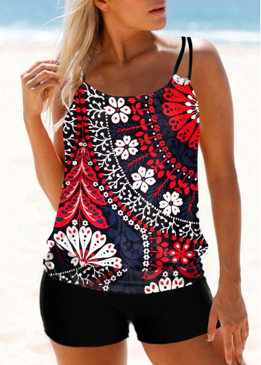 Multi Color Floral Print Double Straps Tankini Top