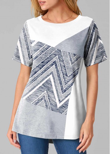 Grey Contrast Round Neck Chevron Print T Shirt