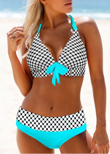 Polka Dot Cyan Mid Waist Halter Bikini Set