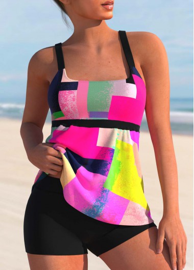 Contrast Hot Pink Geometric Print Tankini Top