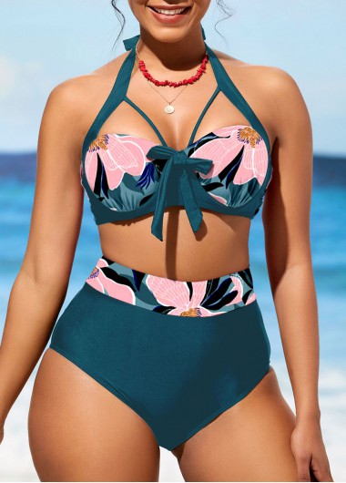 Floral Print Peacock Blue High Waisted Bikini Set