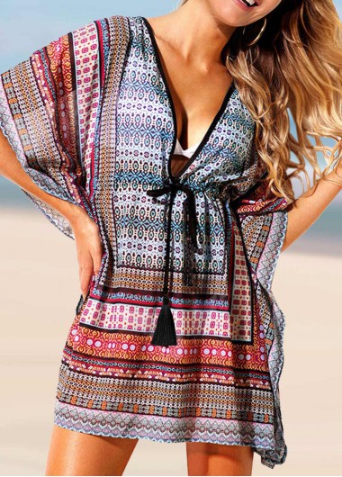 ROTITA Tie Front Tribal Print 3/4 Sleeve Cover Up Dress