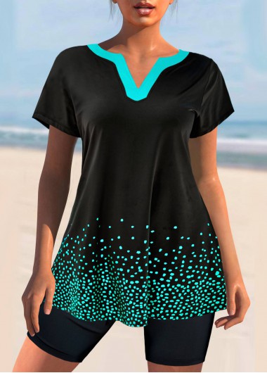 Split Neck Short Sleeve Black Tankini Set
