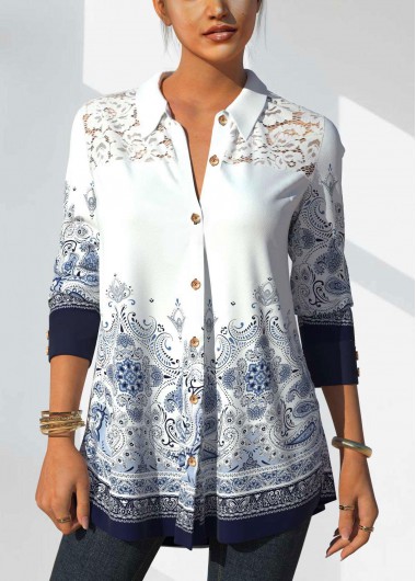 ROTITA Tribal Print White Lace Stitching Blouse