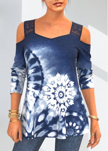 ROTITA Lace Stitching Tie Dye Print Blue T Shirt