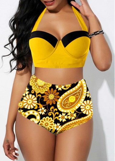 High Waisted Yellow Paisley Print Bikini Set