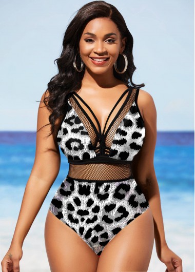 Leopard Black Fishnet Panel One Piece Swimwear