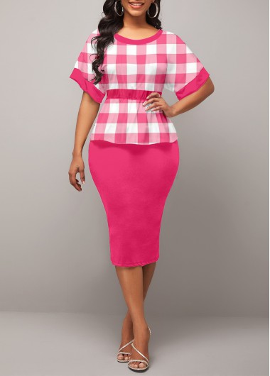 Round Neck Peplum Waist Hot Pink Plaid Dress