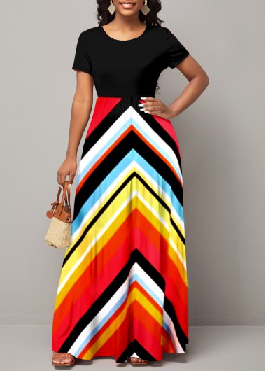 Round Neck Short Sleeve Chevron Print Maxi Dress