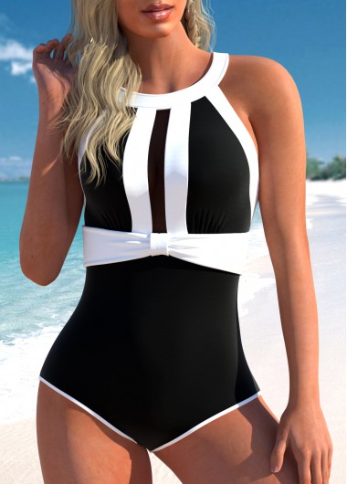 Cutout Back Black Bib Neck One Piece Swimwear