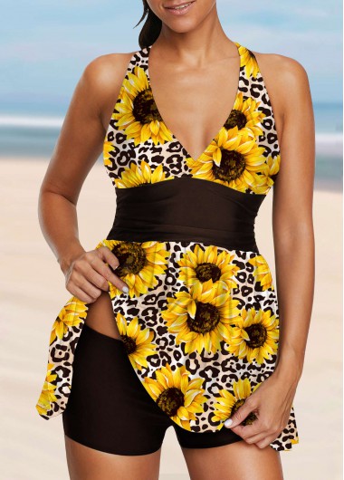 Cross Strap Sunflower Print Yellow Swimdress and Shorts