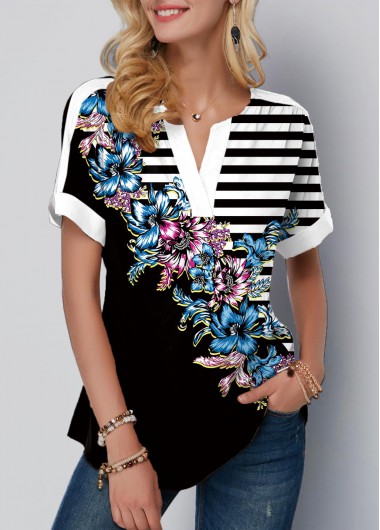 ROTITA Floral Print Striped Split Neck Black T Shirt