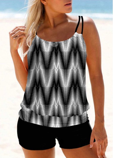 Geometric Print Double Straps Tankini Black Top