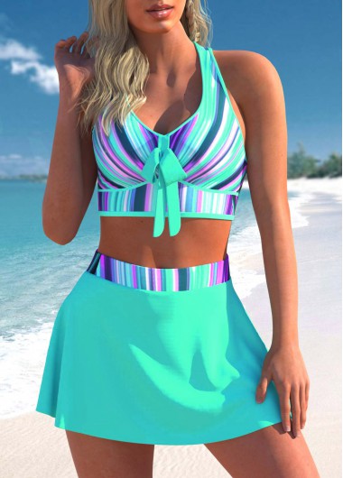 Cyan High Waist Striped Cross Strap Bikini Set