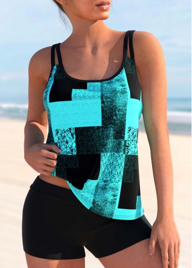 Double Straps Geometric Print Sky Blue Tankini Top