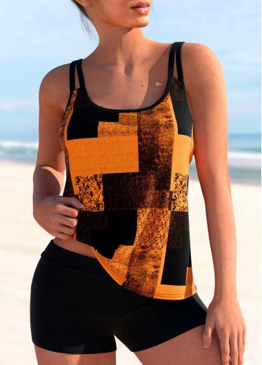 Orange Geometric Print Double Straps Tankini Top