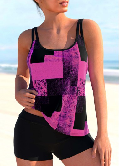 Geometric Print Double Straps Purple Tankini Top