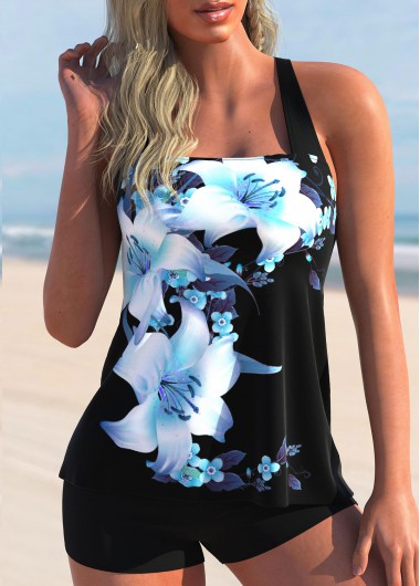 ROTITA Cross Strap Floral Print Sky Blue Tankini Top