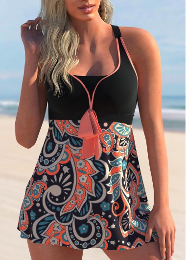 ROTITA Paisley Print Coral Orange Bowknot Swimdress Top