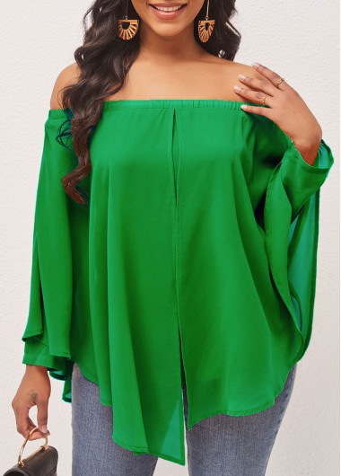 Off Shoulder Asymmetric Hem Green Layered Blouse