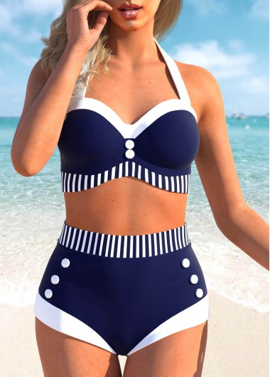 ROTITA Button Navy Striped High Waisted Bikini Set
