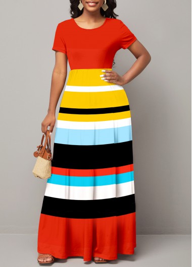Short Sleeve Round Neck Rainbow Stripe Dress