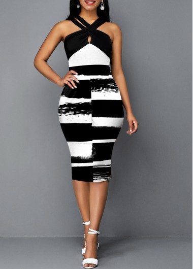 Cross Halter Color Block Graffiti Print Dress