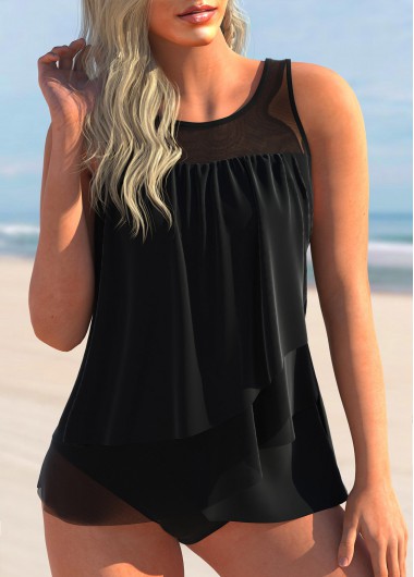 Mesh Stitching Layered Hem Black Tankini Top