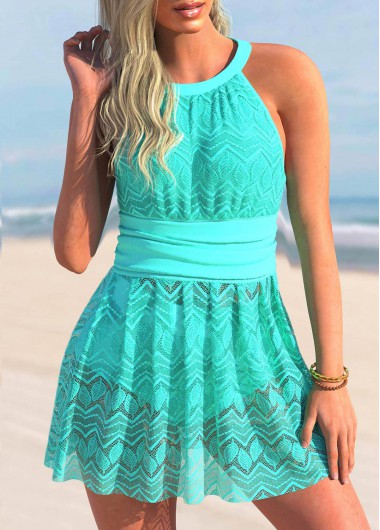Cyan Cutout Lace Patchwork Swimdress and Shorts