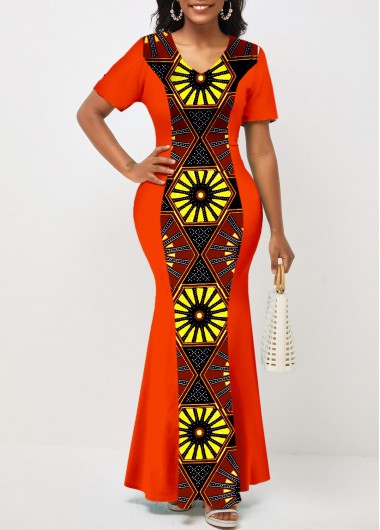 Orange Tribal Print V Neck Mermaid Dress
