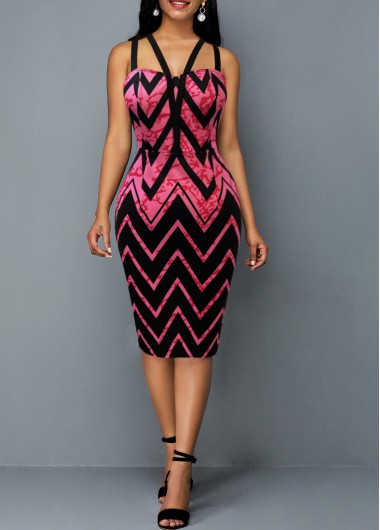 Hot Pink Geometric Print Double Straps Dress
