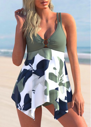 Asymmetric Hem Sage Green Floral Print Swimdress and Shorts