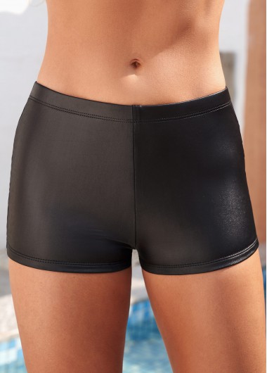 Mid Waist Wet Look Fabric Black Swim Shorts
